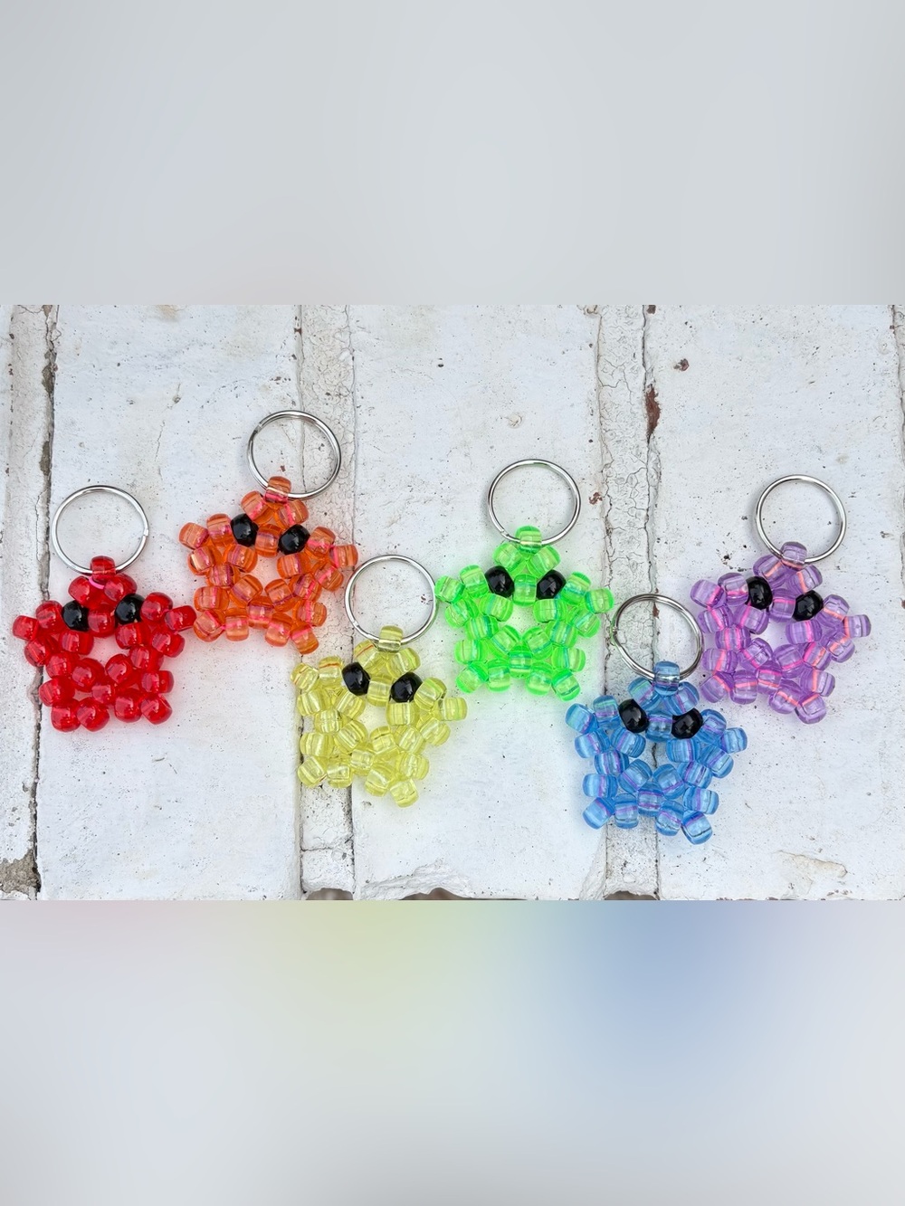 New Handmade Kandi Beaded Neon Multicolor Angry Mario Star Keychain Set of 6